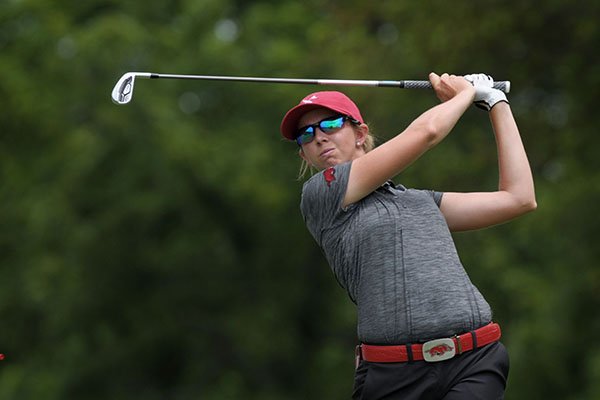 Former Arkansas golfer Summar Roachell hits from the No. 3 tee box during the local qualifier for the LPGA Walmart NW Arkansas Championship on Monday, June 19, 2017, in Rogers. 