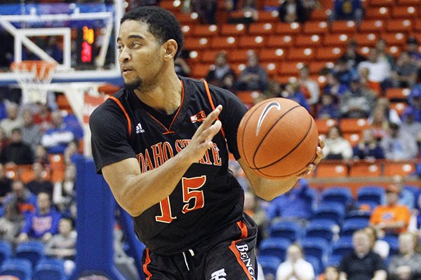 Idaho State's Brandon Boyd moves the ball during the second half of an NCAA college basketball game against Boise State in Boise, Idaho, Sunday, Dec. 18, 2016. Boise State won 82-59. (AP Photo/Otto Kitsinger)

