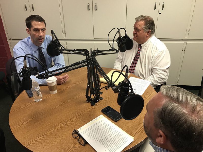 U.S. Sen. Tom Cotton (from left), Rusty Turner, Northwest Arkansas Democrat-Gazette editor, and Greg Harton, NWADG editorial page editor in the podcast room Thursday, April 25, 2019 at the newspaper's office in Fayetteville. 