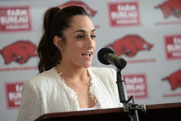 Newly hired Arkansas gymnastics coach Jordyn Wieber speaks Thursday, April 25, 2019, during a ceremony in the Bev Lewis Center for Women's Athletics on the University of Arkansas campus in Fayetteville.