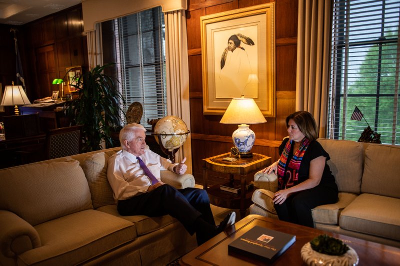Tom Donohue, president and CEO of the U.S. Chamber of Commerce, speaks to Suzanne Clark, the senior executive vice president, in his office. MUST CREDIT: Washington Post photo by Salwan Georges