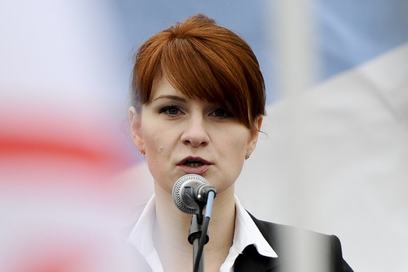 FILE - In this April 21, 2013 file photo, Maria Butina, leader of a pro-gun organization in Russia, speaks to a crowd during a rally in support of legalizing the possession of handguns in Moscow, Russia. (AP Photo/File)

