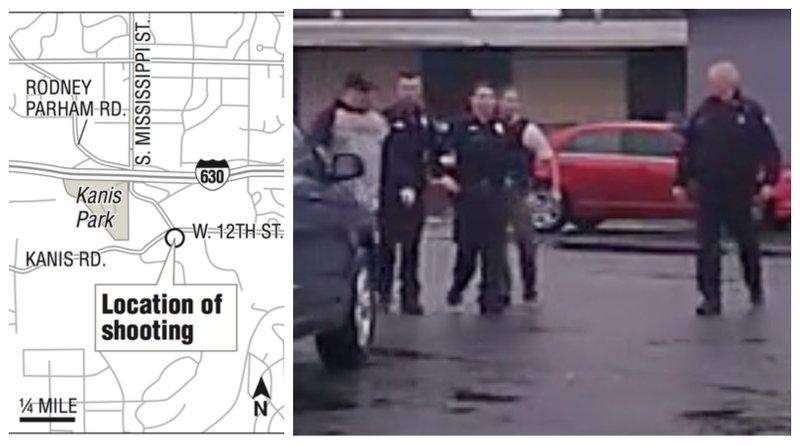 Left: A map showing the location of the shooting. Right: An image from a Little Rock police dashboard video camera shows officer Charles Starks being escorted from the scene of the Feb. 22 shooting that left Bradley Blackshire dead.