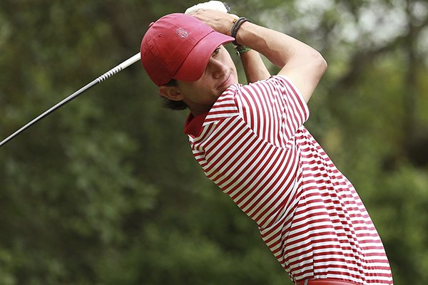 Luis Garza of Arkansas hits a tee shot during the Valspar Collegiate Invitational at the Floridian on Monday, March 18, 2019, in Palm City, Florida (AP Photo/Scott Halleran)
