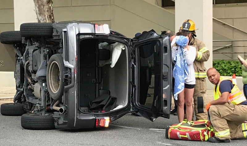 Authorities responded to a wreck during the Wednesday morning rush hour in downtown Little Rock. The driver of the shown SUV suffered minor injuries. Photo by Barry Arthur/Democrat-Gazette.