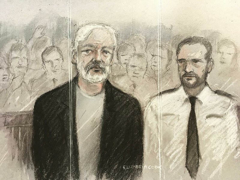Julian Assange (left) is depicted in this sketch as he appears Wednesday at Southwark Crown Court in London. 