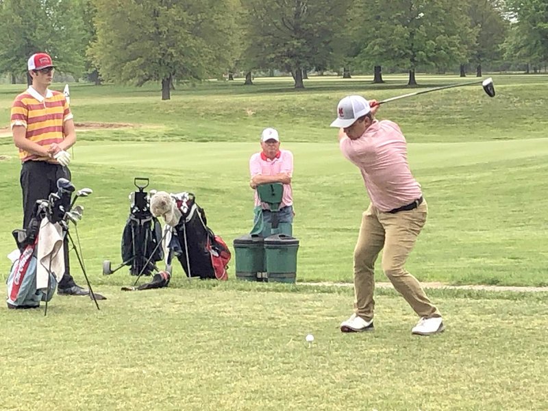 RICK PECK/SPECIAL TO MCDONALD COUNTY PRESS McDonald County's Rendon Lane hits a tee shot at the Missouri Class 3, District 6, Golf Tournament held on April 29 at Cassville Golf Course. Lane led the Mustangs with a 104, but his score wasn't good enough to qualify for sectionals.