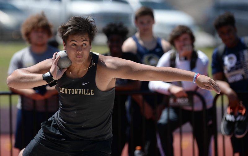 NWA Democrat-Gazette/ANDY SHUPE Bentonville's Bryant Parlin participates Friday, April 26, 2019, in the shot put during the 6A-West Conference Outdoor Track and Field Meet at Van Buren High School. Visit nwadg.com/photos to see more photographs from the meet.