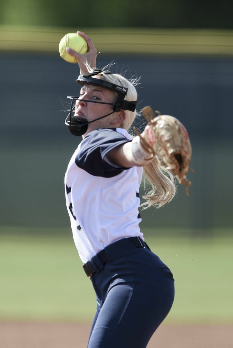 NWA Democrat-Gazette/CHARLIE KAIJO Bentonville West High School Emma Wood (5) throws a pitch during a softball game, Thursday, May 2, 2019 at Bentonville West in Centerton.