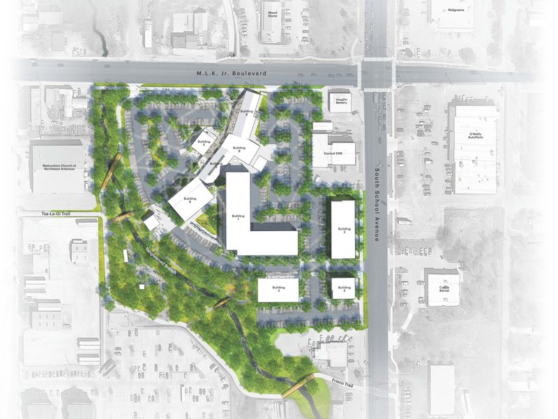 Courtesy/SPECIALIZED REAL ESTATE A preliminary site plan shows the proposed layout of the development Specialized Real Estate is planning at Fayetteville's Farmers Cooperative near Martin Luther King Jr. Boulevard and South School Avenue.