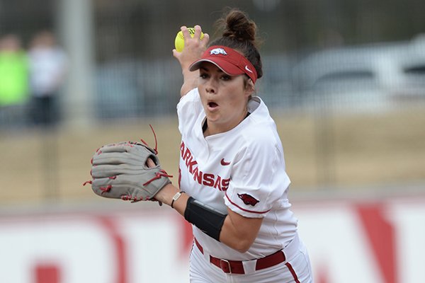 Arkansas starter Autumn Storms delivers to the plate against Kentucky Friday, March 29, 2019, during the first inning at Bogle Park in Fayetteville.