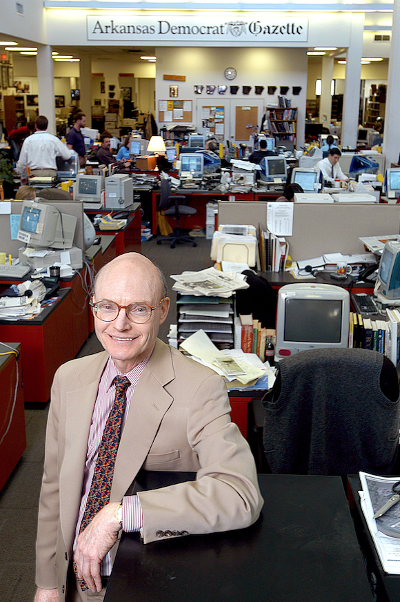 Walter Hussman stands in front of the newsroom in 2004. (Arkansas Democrat-Gazette)