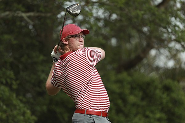 William Buhl of Arkansas hits a tee shot during the Valspar Collegiate Invitational at the Floridian on Monday, March 18, 2019, in Palm City, Fla. (AP Photo/Scott Halleran)

