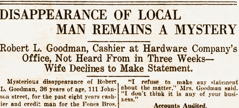 Headlines in the April 28, 1919, Arkansas Democrat report that a cashier at Fones Bros. had vanished three weeks before. 