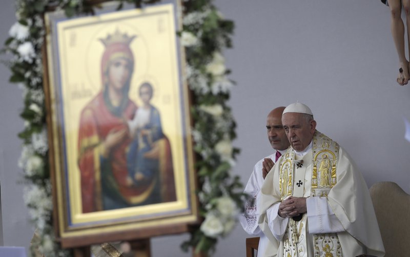 Pope Francis celebrates Mass in Knyaz Alexandar Square, in Sofia, Sunday, May 5, 2019. Pope Francis is visiting Bulgaria, the European Union's poorest country and one that has taken a hard line against migrants, a stance that conflicts with the pontiff's view that reaching out to vulnerable people is a moral imperative. (AP Photo/Alessandra Tarantino)