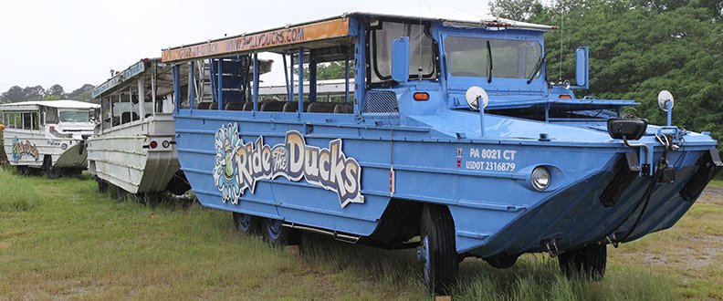 Some of the duck boats parked in a lot in the 4700 block of Central Avenue Thursday, May 2, 2019. (The Sentinel-Record/Richard Ramussen)