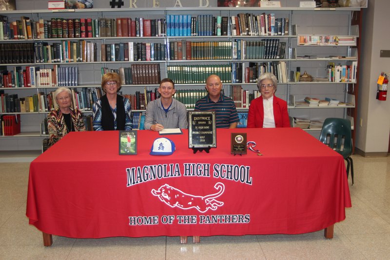 Magnolia senior golfer Connor Harrington signed an NCAA Division II letter-of-intent to play golf for Southern Arkansas University. He is joined by his parents, Jeff and Shannon Harrington, along with grandmothers Sue Williams (left) and Mona Harrington (right).