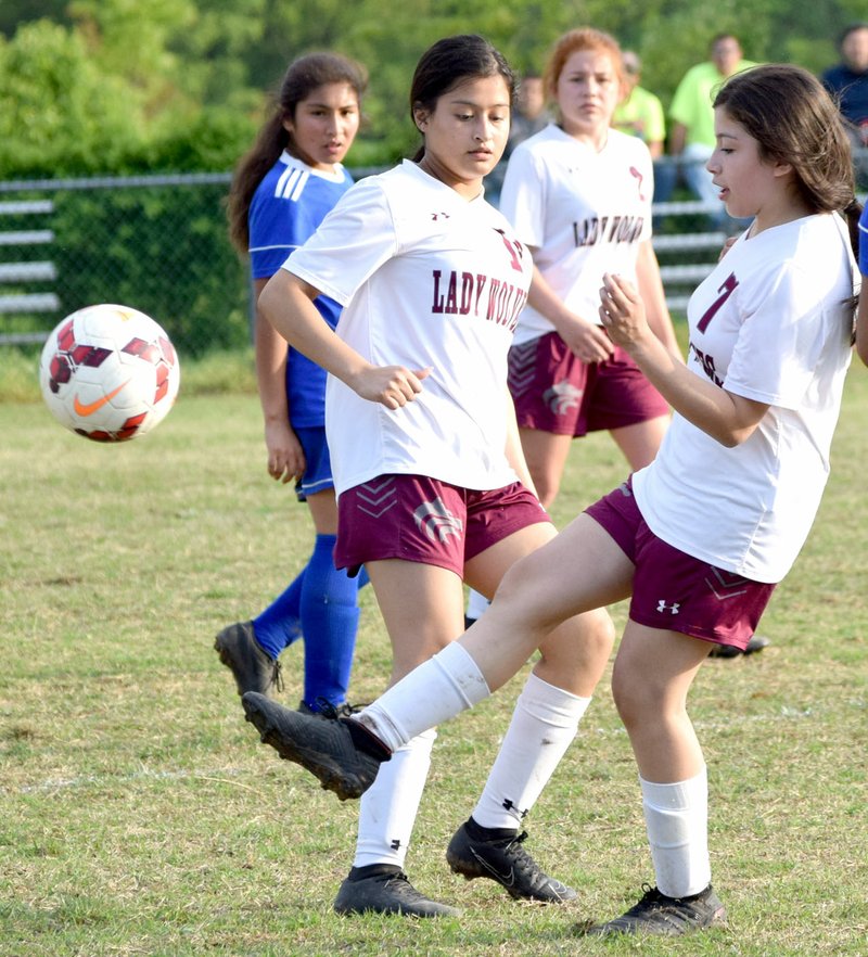 Westside Eagle Observer/MIKE ECKELS Samantha Salazar (Lady Wolves No. 7) clears the ball during the Decatur-Lincoln girls soccer match at Bulldog Stadium in Decatur April 25.