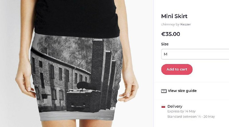 This screen grab from the site of an online vendor in Australia shows a miniskirt in a design from a photo taken at the Auschwitz concentration camp. 