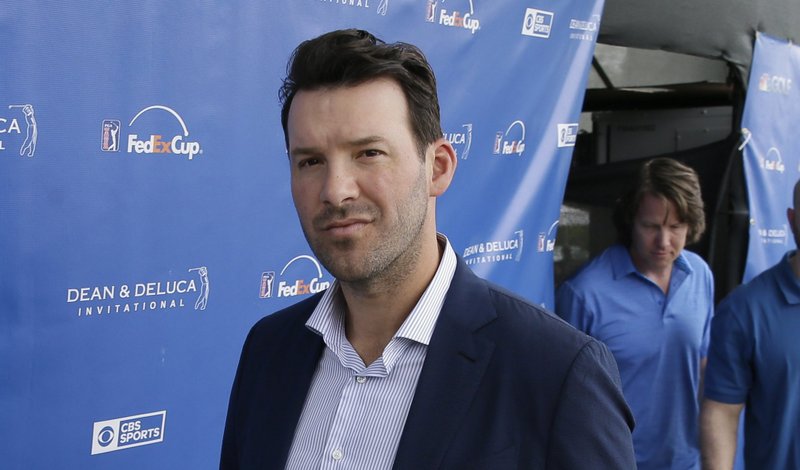 Former NFL quarterback Tony Romo leaves the broadcast booth after appearing on air during the third round of the Dean & DeLuca Invitational golf tournament at Colonial Country Club in Fort Worth, Texas, Saturday, May 27, 2017. 