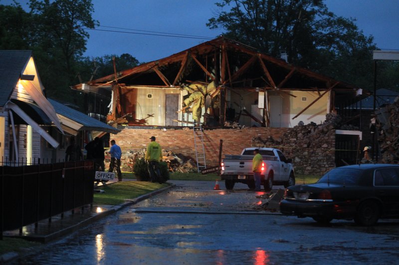 First responders at the scene of Myranda's Place Apartments in Pine Bluff after a severe storm damaged the 120 unit complex, forcing the evacuation of an estimated 150 residents.
