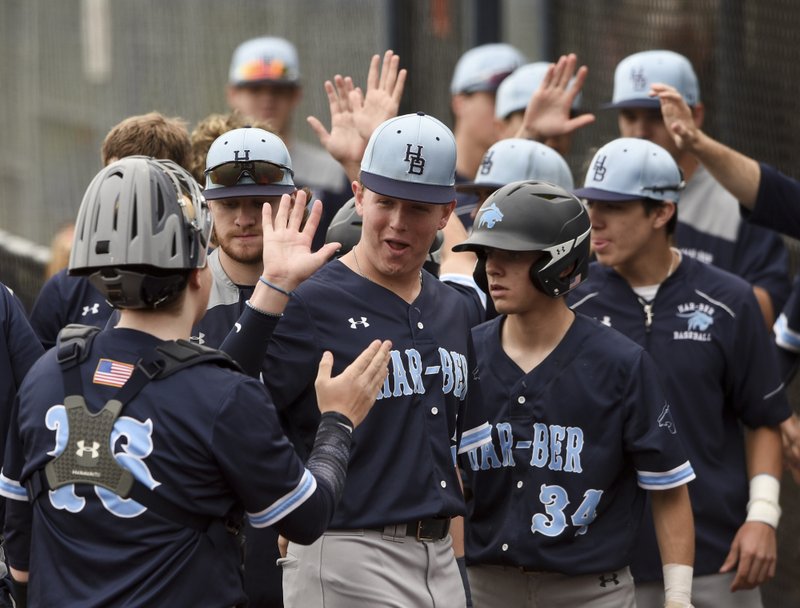 NWA Democrat-Gazette/CHARLIE KAIJO Har-Ber High School players react after a score during the 6A State Baseball Tournament, Thursday, May 9, 2019 at Veterans Park in Rogers. Har-Ber High School beat Conway High School 6-5