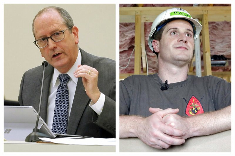 This combination of 2018 photos shows N.C. Sen. Dan Bishop and Dan McCready. Bishop, best known as the architect of the state's so-called bathroom bill is racking up contributions and endorsements as he runs in the repeat of a congressional race marred by a ballot fraud scandal. The state elections board unanimously ordered the new election after Mark Harris, the Republican in 2018's race against Democrat Dan McCready, used a political operative accused of improperly collecting mail-in ballots. (Chris Seward/Raleigh News &amp; Observer via AP, Chuck Burton)