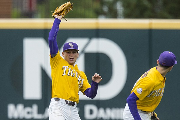 LSU outfielder Antoine Duplantis makes a catch during a game against Arkansas on Saturday, May 11, 2019, in Fayetteville. 