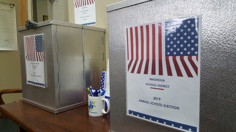 Ballot boxes sit in the Columbia County Clerk’s Office for the 2019 Magnolia and Emerson-Taylor-Bradley School District elections. None of the candidates or issues will have opposition.

