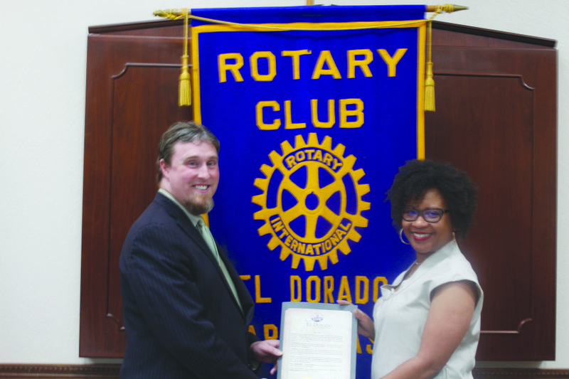 Anniversary: El Dorado Rotary Club President Caleb Baumgardner receives a city proclamation from El Dorado Mayor Veronica Smith-Creer in honor of the club’s 100 year anniversary.