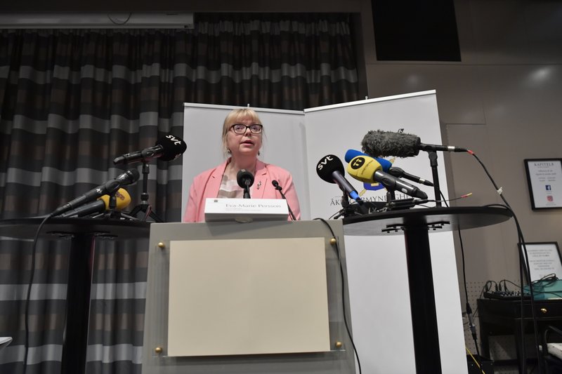 Vice chief prosecutor Eva-Britt speaks at a press conference in Stockholm, Sweden, Monday May 13, 2019. Swedish prosecutors are to reopen rape case against WikiLeaks founder Julian Assange, a month after he was removed from the Ecuadorian Embassy in London. (Anders Wiklund/TT News Agency via AP)