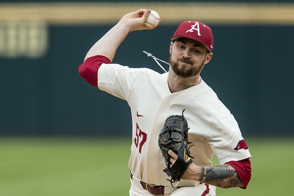 Arkansas pitcher Cody Scroggins throws during a game against LSU on Saturday, May 11, 2019, in Fayetteville. 