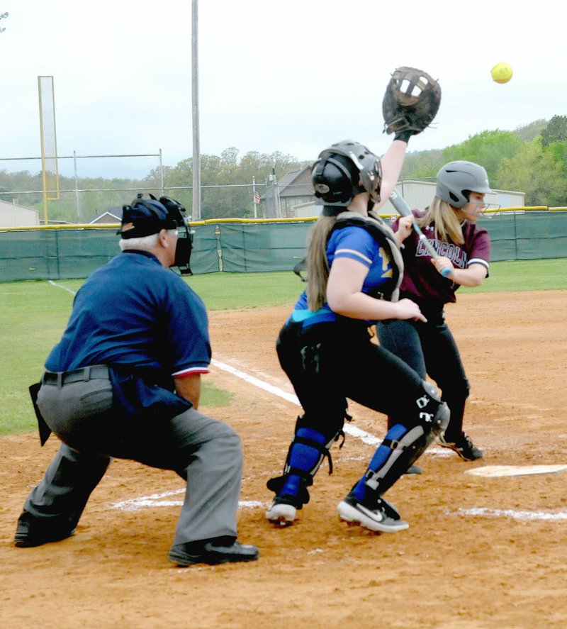 MARK HUMPHREY ENTERPRISE-LEADER Lincoln sophomore Tiana Anderson takes a high ball during the Lady Wolves' district tournament 17-7 win over Cedarville in the 3A-1 West softball competition at Greenland April 24. The speedster scored on an error with the bases loaded giving her 4 RBIs although she didn't get credit for a hit on the spectacular play which resembled a grand-slam in-the-park home run.