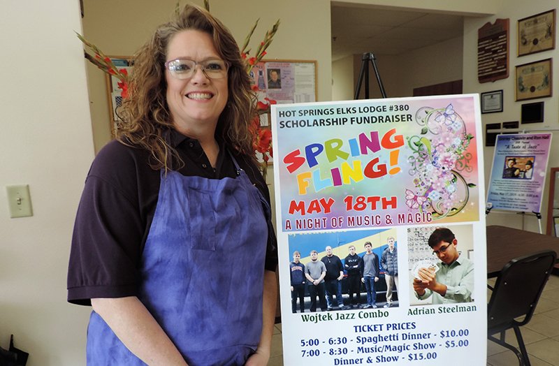 Submitted photo SPAGHETTI FUNDRAISER: Jamie Limbaugh, Leading Knight and chairman of the Youth Activities Committee, shows the poster for Spring Fling! A Night of Music &amp; Magic, which will be held Saturday at Hot Springs Elks Lodge No. 380. The event will feature a spaghetti dinner followed by a music and magic show, with proceeds benefiting the Elks scholarship fund, which annually provides scholarships to six local students. The Wojtek Jazz Combo from Lakeside High School will perform after dinner, with Adrian Steelman providing a magic show. Tickets are $10 for the dinner, which will be from 5-6:30 p.m.; $5 for just the music and magic show, from 7-8:30 p.m.; or $15 for the full evening. The public is welcome. Call the lodge at 525-1020 for tickets.