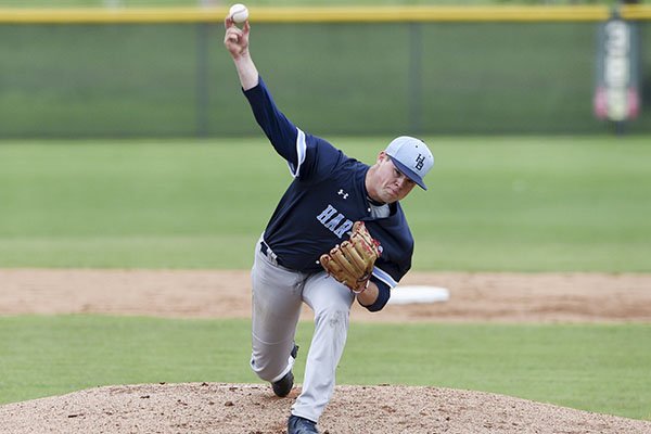 Springdale Har-Ber pitcher Blake Adams throws a pitch during 6A State Baseball Tournament game against Conway on Thursday, May 9, 2019, at Veterans Park in Rogers. 