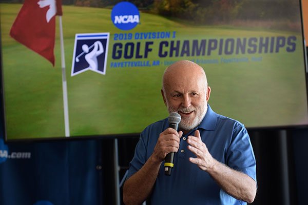 John Tyson, founder of Blessings Golf Club, speaks Tuesday, April 9, 2019, during a press conference to announce the details of the NCAA Men's and Women's Golf Nation Championship at Blessings Golf Club in Johnson.
