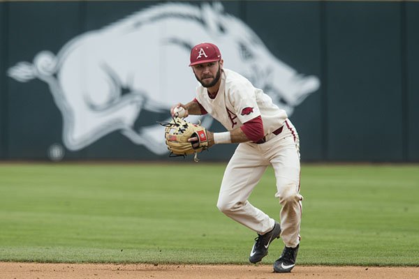 Arkansas second baseman Jack Kenley gets ready to throw during a game against LSU on Saturday, May 11, 2019, in Fayetteville. 
