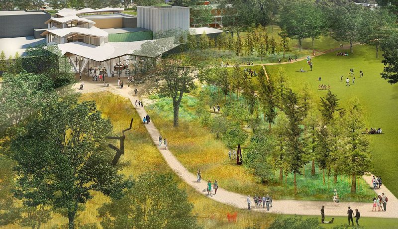 An artist’s rendering gives an aerial view of the re-imagined Arkansas Arts Center that includes a new restaurant with outdoor shaded  seating and a great lawn, new pathways and connections to MacArthur Park. Under the plan, a tree canopy will develop on the grounds. 