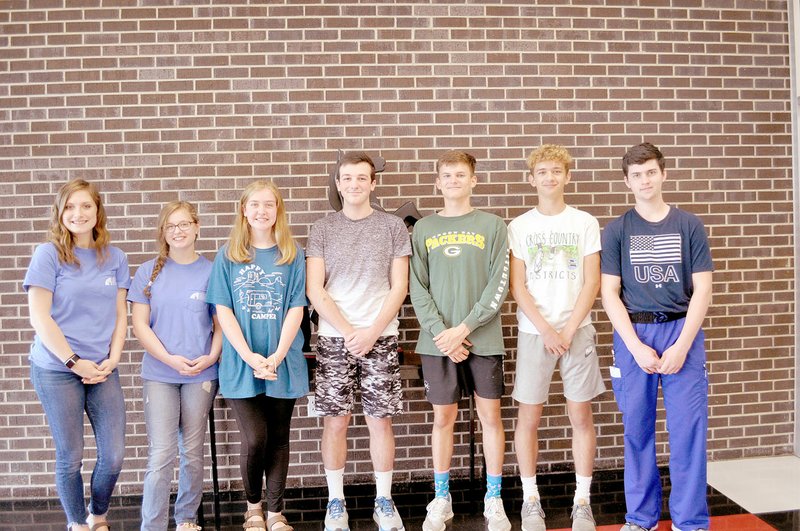 RACHEL DICKERSON/MCDONALD COUNTY PRESS McKenna Evenson, Mikayla Mustain, Summer McCool, Ryan King, John Howard, Garrett Spears and Eban Cormier are among the nine students going to Missouri Boys State and Missouri Girls State this summer. Not pictured are Rylie Hackett and Amber Kailbourn.