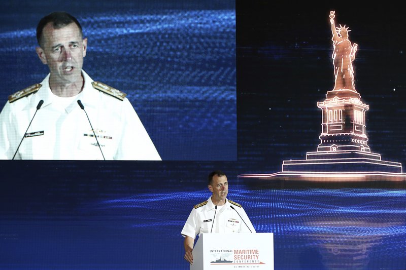U.S. Chief of Naval Operations Adm. John Richardson delivers a speech during the International Maritime Security Conference on the sidelines of the International Maritime Defense Exhibition in Singapore, Wednesday, May 15, 2019. (AP Photo/Yong Teck Lim)