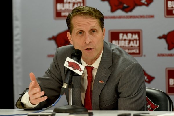 Eric Musselman speaks at a press conference after his introduction as the new head coach of men's basketball at the University of Arkansas by Athletic Director Hunter Yurachek Monday, April 8, 2019 in Bud Walton Arena on the campus in Fayetteville. During the previous four seasons, Musselman coached the University of Nevada in Reno to a 110-34 record.
