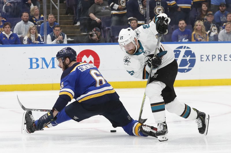The Associated Press COMING THROUGH: San Jose Sharks right wing Joonas Donskoi (27), of Finland, moves the puck past St. Louis Blues defenseman Joel Edmundson (6) during overtime in Wednesday's NHL Stanley Cup Western Conference final series in St. Louis.