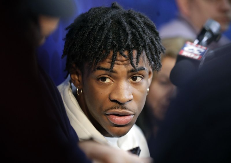 Ja Morant from Murray State, speaks with the media at the NBA draft basketball combine day one in Chicago, Thursday, May. 16, 2019. (AP Photo/Nam Y. Huh)