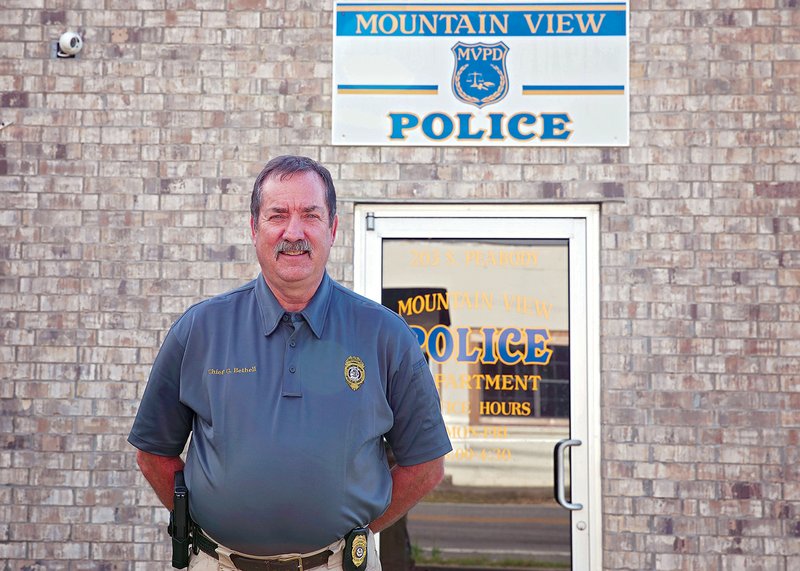 New Mountain View Police Chief George Bethel Jr. stands at the Mountain View Police Department. Bethel said he has excellent officers who participate in community activities, including Special Olympics. He was inspired to go into law enforcement because of his father, who was the Brinkley police chief for 40 years. “There are a lot of good people in this town,” Bethel said of Mountain View.