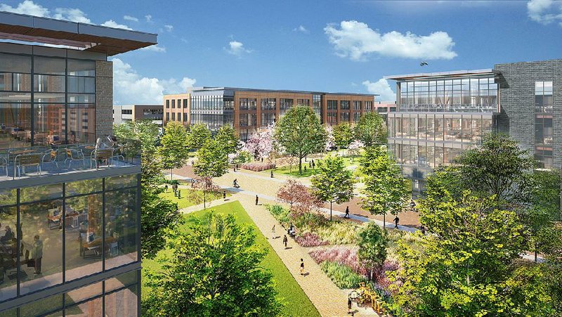 An artist rendering shows the redesign of the Walmart corporate campus in Bentonville, with design and construction to begin in 18 to 24 months. More renderings of the plans are available at arkansasonline.com/518walmarthq/. 