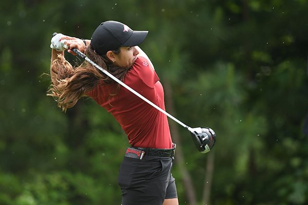 Arkansas' Maria Fassi watches her tee shot on the 10th hole at the Blessings Golf Club on Saturday, May 18, 2019, in Johnson.