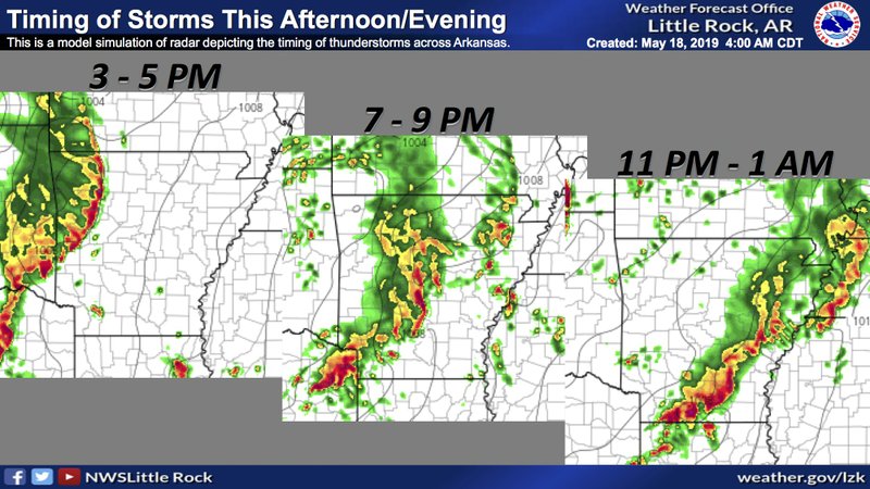 This National Weather Service graphic shows the predicted timing of storms as they make their way eastward across the state on Saturday afternoon. 