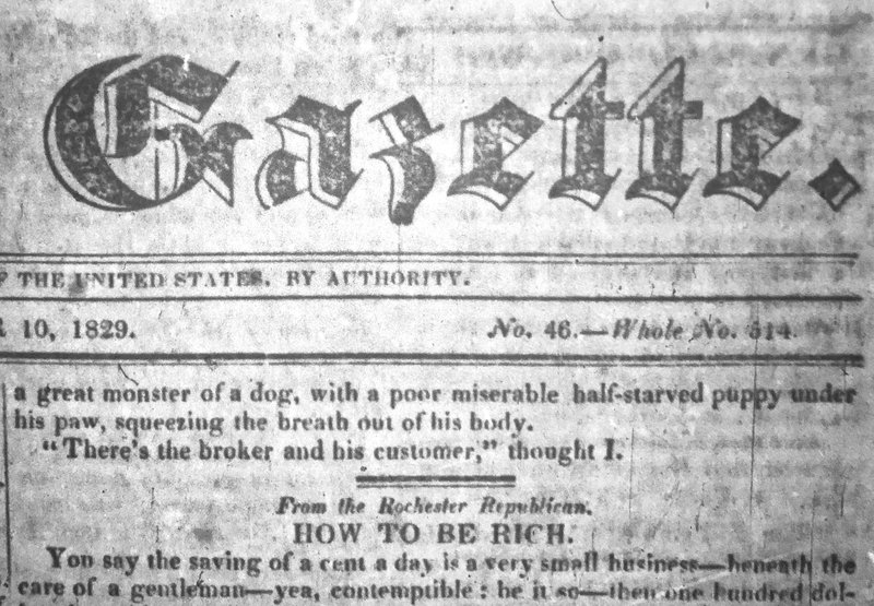 Snippet from Page 1 of the Nov. 10, 1829, Arkansas Gazette, with evidence of humorous “standing matter” used to fill space. (Arkansas Democrat-Gazette)