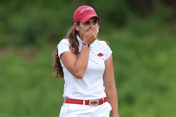Arkansas senior golfer Maria Fassi reacts after making the final putt during the NCAA Women's Golf Championships on Monday, May 20, 2019, at Blessings Golf Club in Fayetteville.