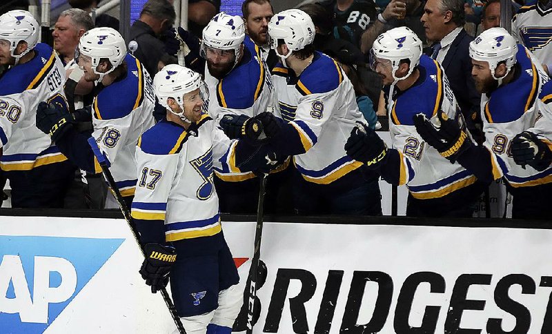 Jaden Schwartz (17) scored three goals Sunday, giving the St. Louis Blues a 3-2 series lead over the San Jose Sharks in the NHL’s Western Conference final and setting the single-season franchise record for playoff victories.